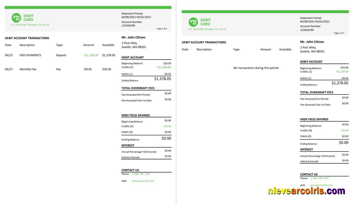USA Green Dot bank statement, 3 pages